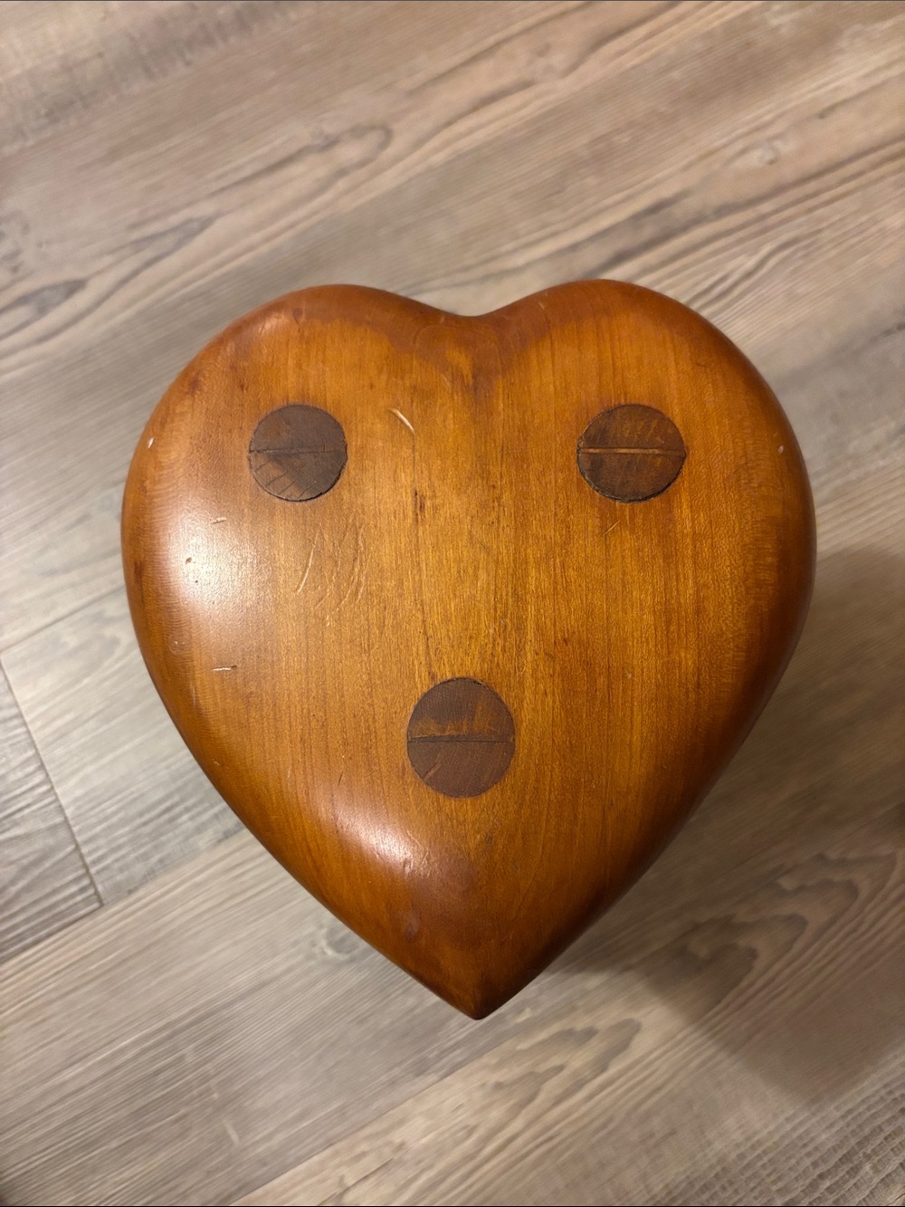 Vintage heart-shaped wood stool, small, 7.5” tall, patina